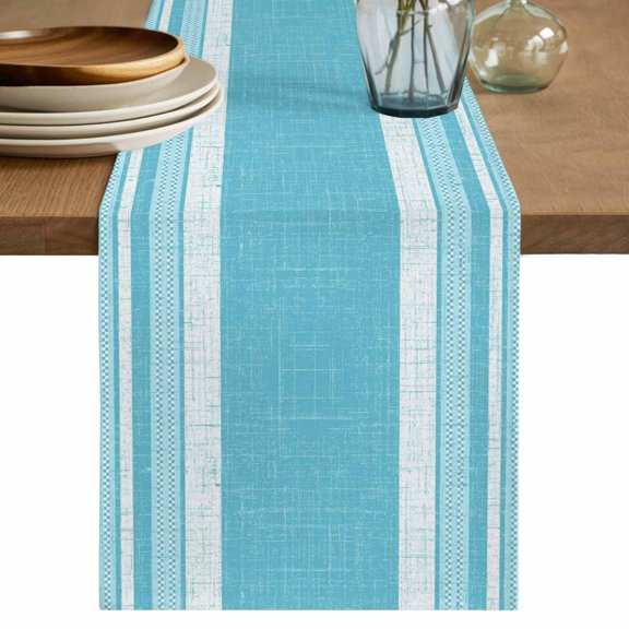 Vintage Cyan Blue Striped Short Table Runner 48 Inches Long,Farmhouse Modern Stripes Boho Cotton Linen Table Runners Dresser Scarves,Fabric Tabletop Scarf Furniture Cover for Dinner Party 13"x48"