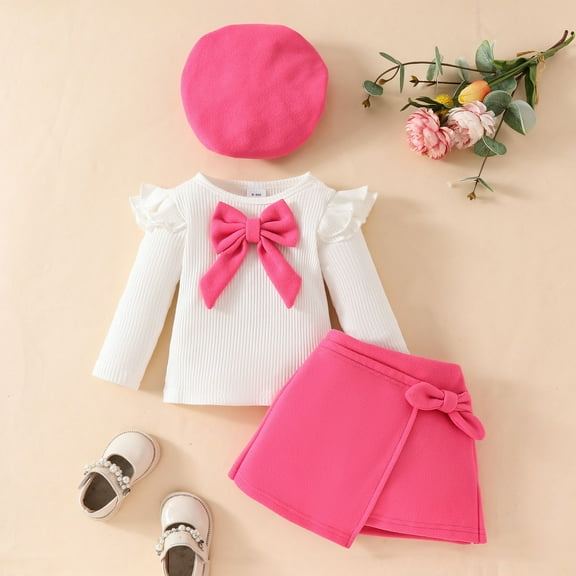 Atogsazn Baby Girl Knitted Cotton Set Ruffle Long Sleeve Crewneck Tops and Skirt Hat 3PCs Outfit Clothes Hot Pink 6-9 Months