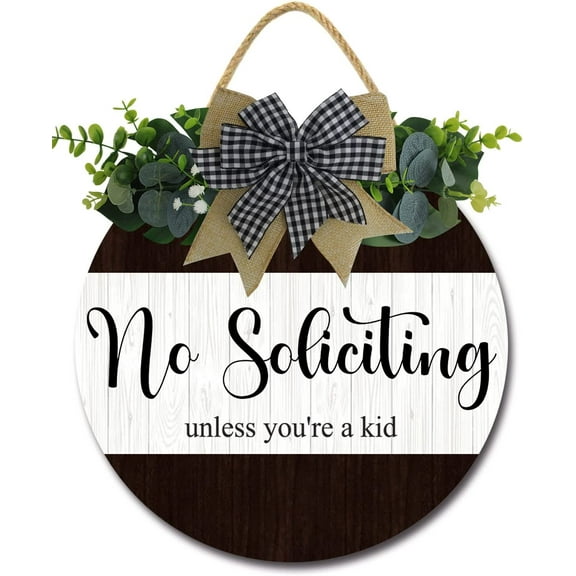 Eveokoki 12" No Soliciting Sign for Home Round Rustic Wreaths Wooden Plaque,Vintage Wall Art Decor For Door Yard Store Office Bedroom Farmhouse