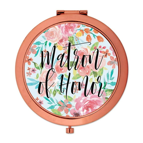 Koyal Wholesale Compact Mirror Matron of Honor Wedding Gift, Rose Gold, Tea Party Pink Floral Flowers, 1-Pack