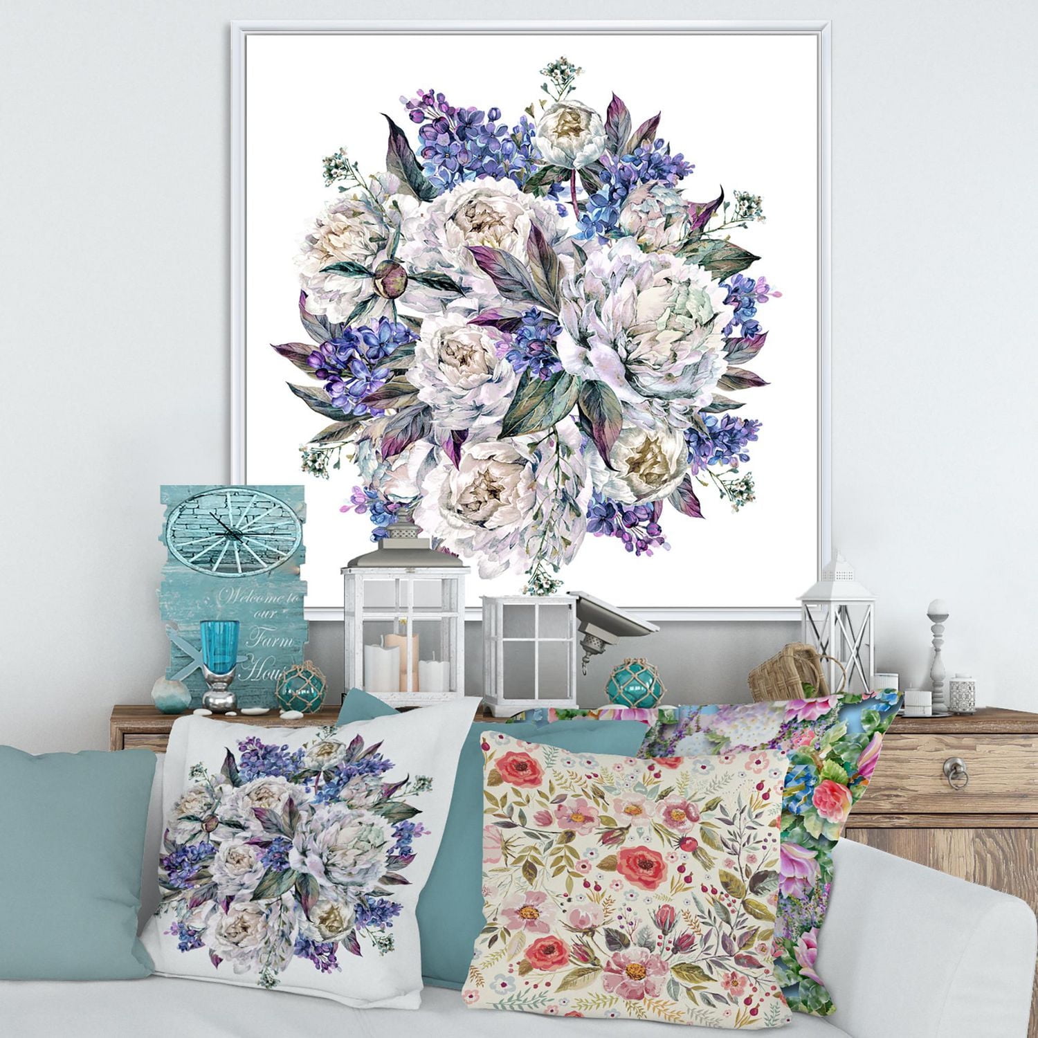 Designart Bouquet Peonies In White and Blue FLOAT FRAME WALL ART