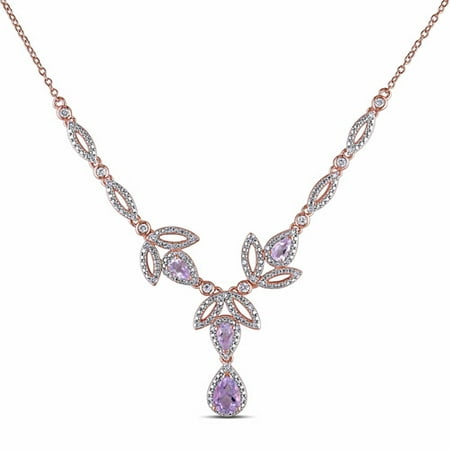 1-3/5 Carat T.G.W. Rose de France and White Topaz with 1/5 Carat T.W. Diamond Rose Rhodium-Plated Sterling Silver Leaf Necklace, 17