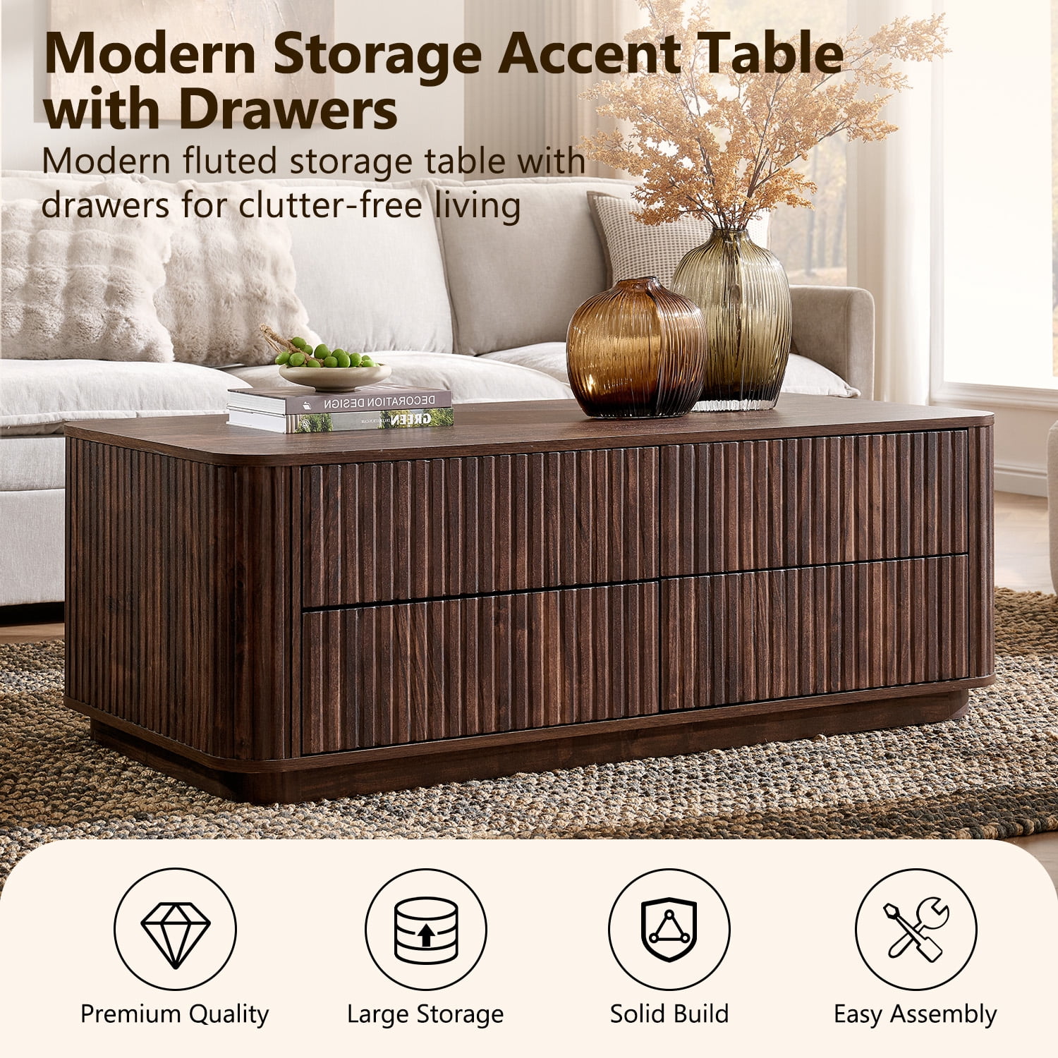 IFMUST 51" Modern Fluted Coffee Table with Storage, 4 Drawers, Rounded Edges,Hidden Storage