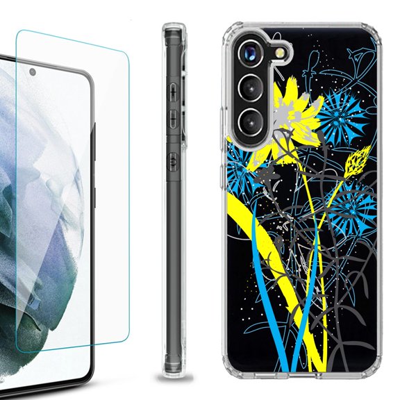 OneToughShield ® for Samsung Galaxy S23  S23 Plus 5G Shockproof Bumper Phone Case, with Tempered Glass Screen Protector - Wild Flowers