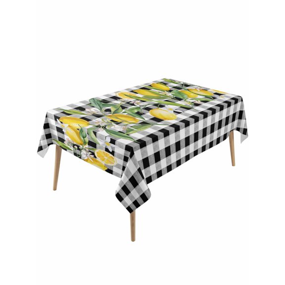 Lemon Table Cloth, Farmhouse Summer Botanical Fruit Black White Plaid Waterproof Tablecloth for Rectangle Tables, Reusable Washable Fabric Table Cover for Restaurant Kitchen Dining Tables 54"x108"