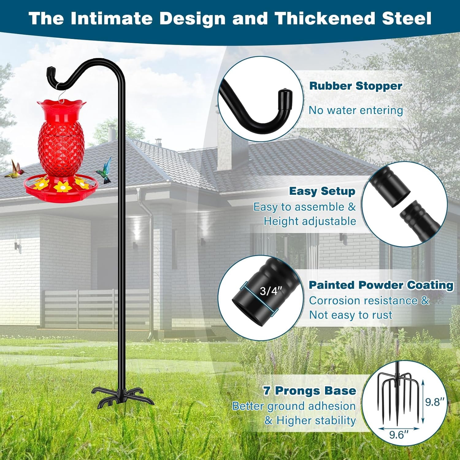 Shepherds Hook for Outdoor, 76 Inch Bird Feeder Pole with 7 Prongs Base, 3/4 Inch Thick Heavy Duty Adjustable Garden Hook for Hanging Plant, Hummingbird Feeder, Lantern, 2 Pack