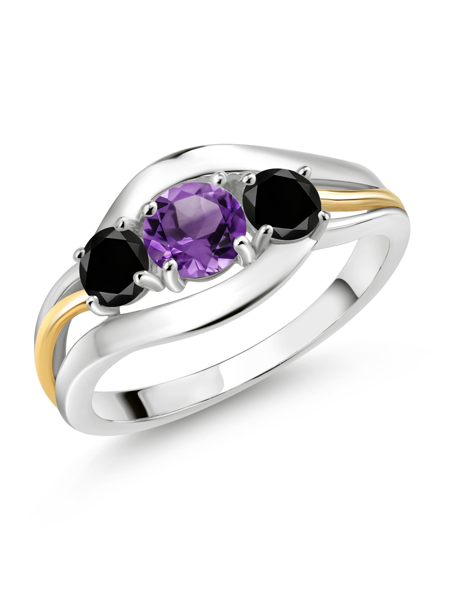 Gem Stone King 1.02 Ct Round Purple Amethyst Black Diamond 925 Sterling Silver Ring