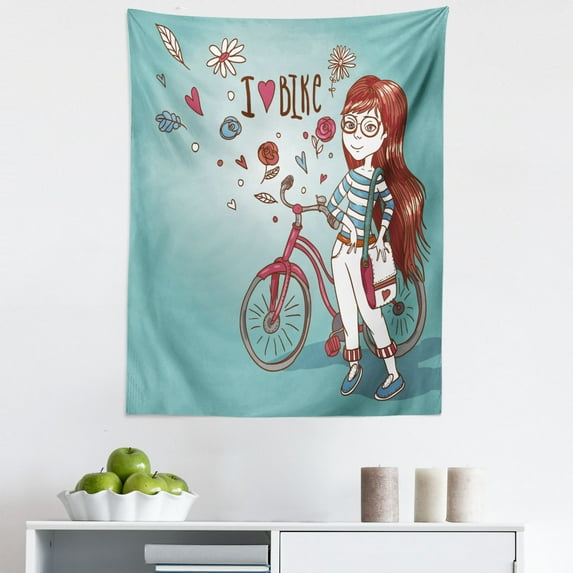 Cartoon Tapestry, Love My Bike Theme Girl with Bicycle Vintage Flowers Illustration, Fabric Wall Hanging Decor for Bedroom Living Room Dorm, 5 Sizes, Dried Rose and Pale Blue, by Ambesonne