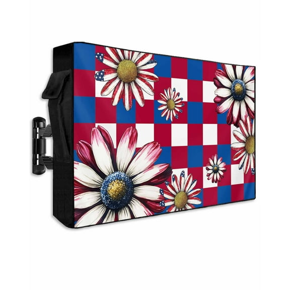 4th of July Outdoor TV Cover 40 to 43 Inch Weatherproof, Red Blue Plaid Spring Floral Independence Day 600D Oxford TV Covers with Waterproof Zipper, Outside Flat TV Screen Protector 40"Wx25"Hx4.5"D