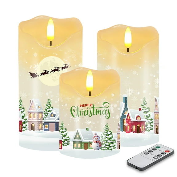 Christmas Flameless Candles, Set of 3 Flickering LED Candles with Remote & Timer, Dimmable Real Wax Electric Pillar Candles Battery Operated for Home Christmas Decor