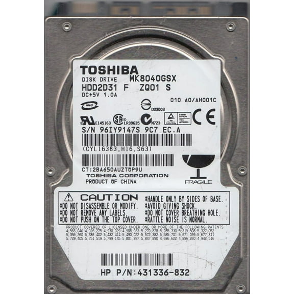 MK8040GSX, A0/AH001C, HDD2D31 F ZQ01 S, Toshiba 80GB SATA 2.5 Hard Drive