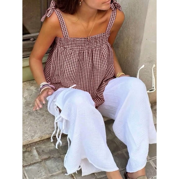 Women Sleeveless Plaid Casual Tank Top, Lightweight Summer Blouse For Daily Life