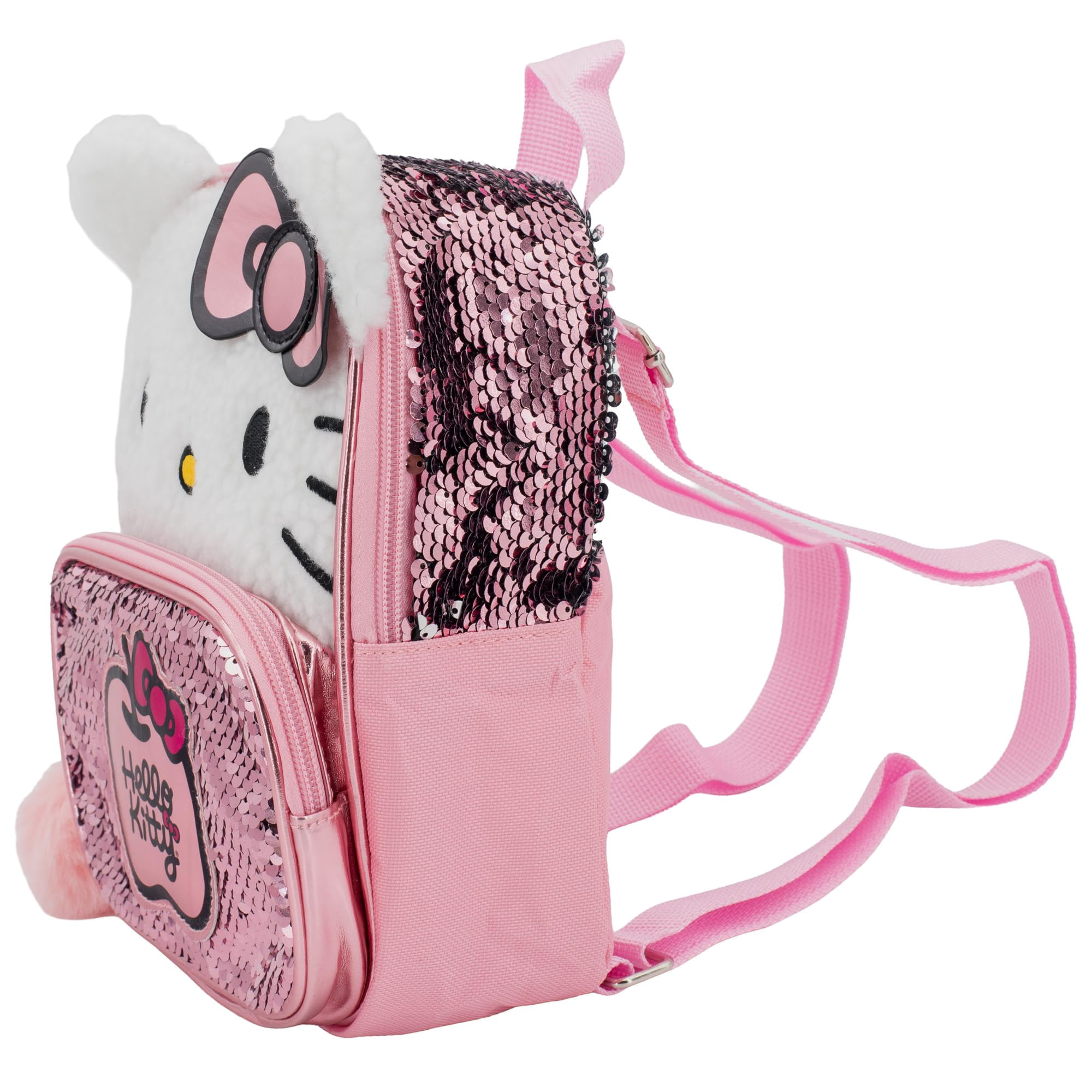 Hello Kitty 9” Micro Mini Backpack Purse Featuring 3D Ears & Bow, Sherpa & Sequin Material, & Pompom Dangle, Pink