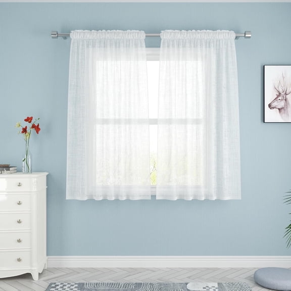 MKEUDQ-White Sheer Curtains 45 inches Long Living Room Voile Kitchen Dining Curtain Sheers Basement 2 Panels Transparent Bedroom Drapes Linen Textured Rod Pocket Window Treatment Set