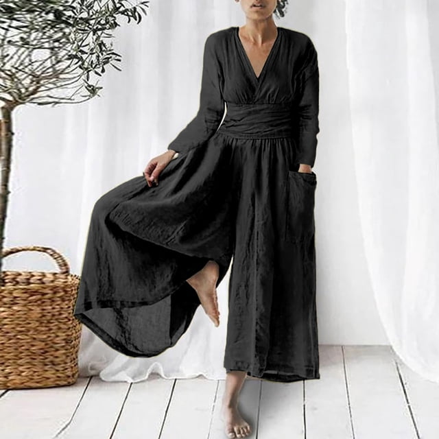 Fankiway Combinaison Chemise Longue en Coton et Lin à Manches Longues Col en V Décontractée pour Femmes