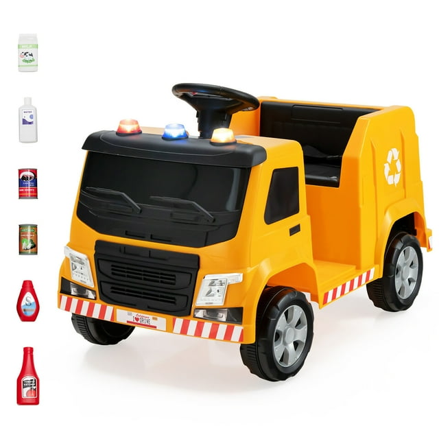Gymax 12V Recycling Garbage Truck Electric Ride On Toy Remote w/Recycling Accessories Yellow