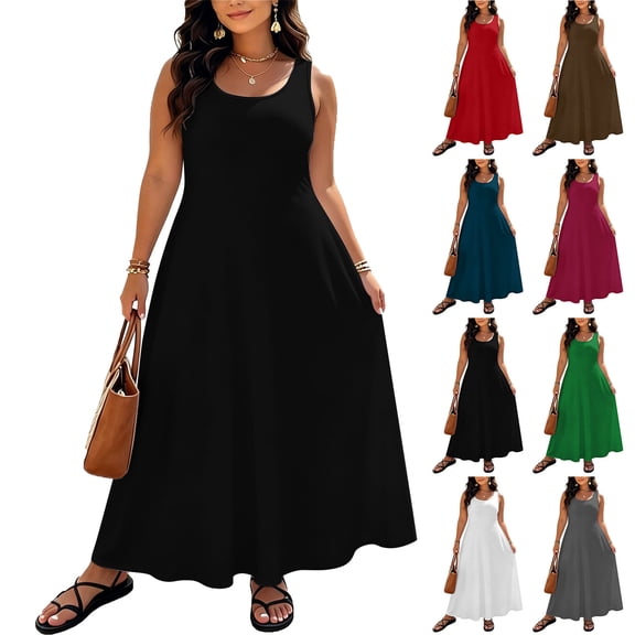 Sleeveless Sundresses Women's Dresses Plus Size Women Round Neck Buttocks Sleeveless Solid Dresses Black Xxxl