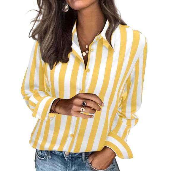 Top for Women Long Sleeve Striped Button Up Shirt Yellow L