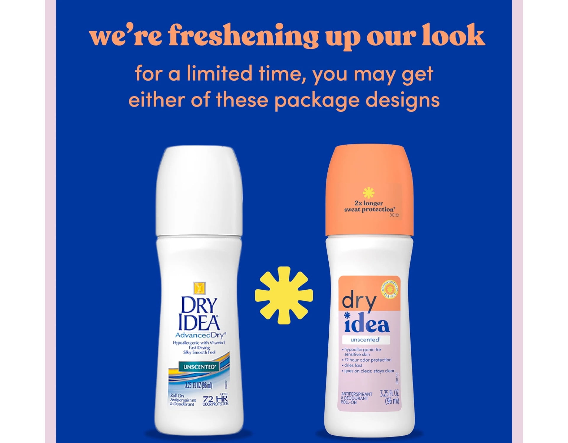 Dry Idea Antiperspirant & Deodorant Roll-On Unscented, Hypoallergenic for Sensitive Skin, 72 Hour Odor Protection, 3.25 fl oz (Pack of 6)
