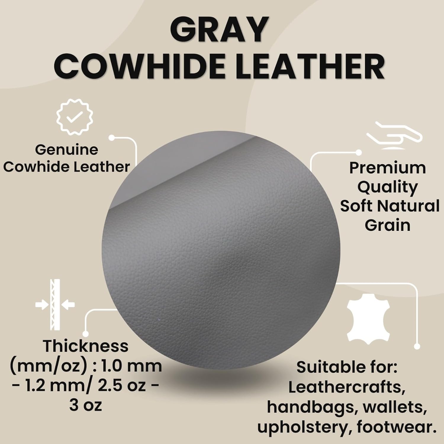 ArtisanCowhides Soft Natural Grain Cowhide Nappa Leather Sheets for Crafts Projects– Gray 40 SqFt -  3.0 - 3.5 oz (1.0 to 1.2mm)