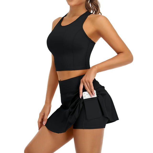 Ensembles de Jupes de Tennis pour Femmes 2 Pcs avec Shorts Intégrés et Poches Tenues d'Entraînement Robes