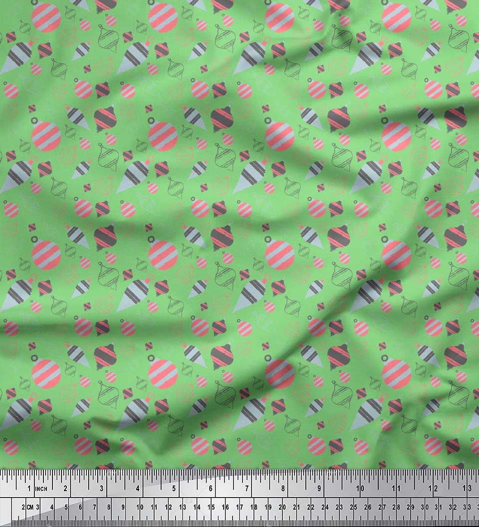 Soimoi Green Rayon Fabric Baubles Christmas Print Fabric by Yard 56 Inch Wide