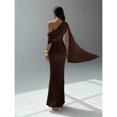 thumbnail image 2 of Coffee Brown Womens Asymmetric One Shoulder Ruched Maxi Dress Elegant Evening Gown, 2 of 8