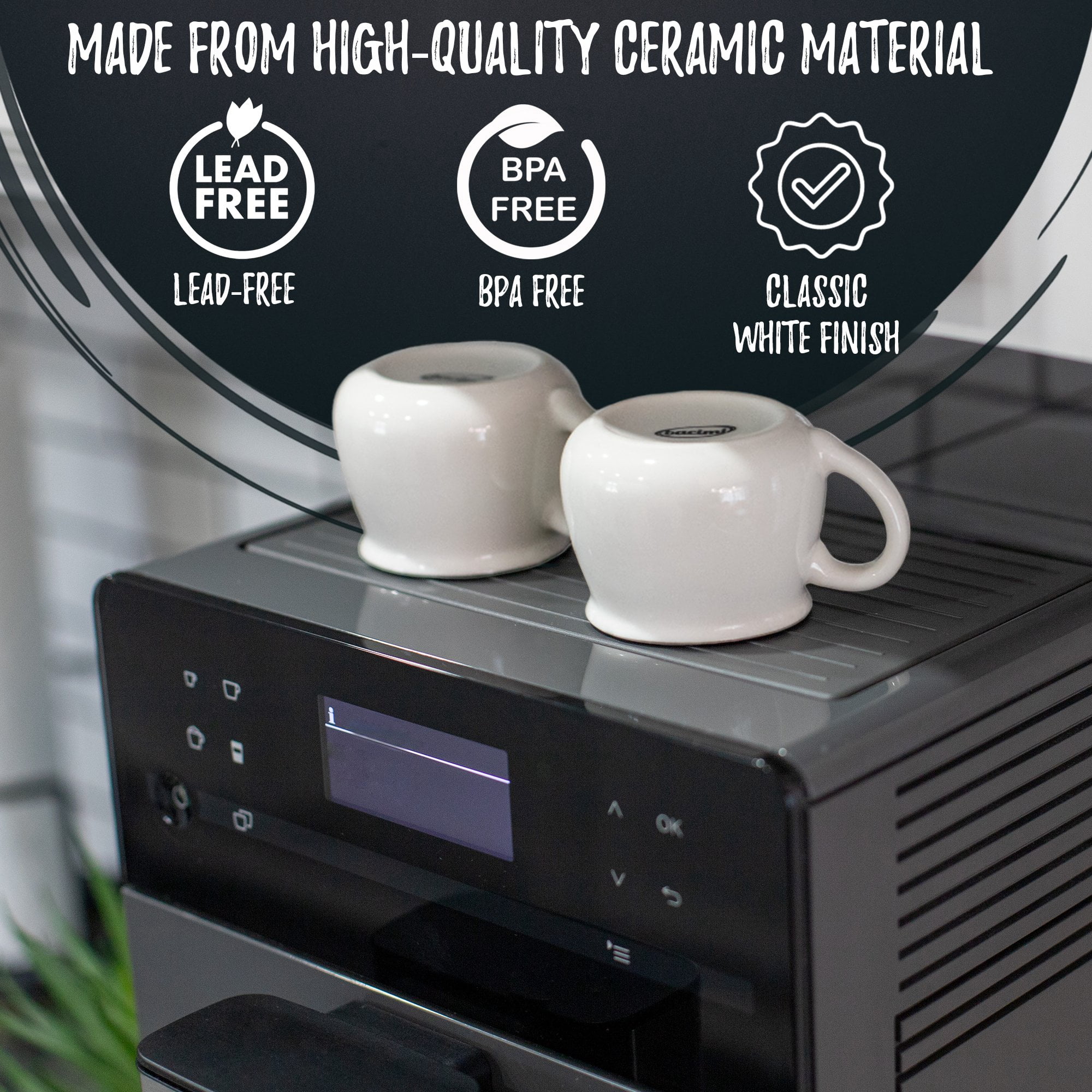 Bacimi Mini Ceramic Coffee Mugs Set of 6 / 3oz / 90ML - Small Drinking Cups with Handle - Dishwasher & Microwave Safe - Diner Style Modern Mugs for Coffee, Tea, Espresso, Cocoa, Milk & Latte - White