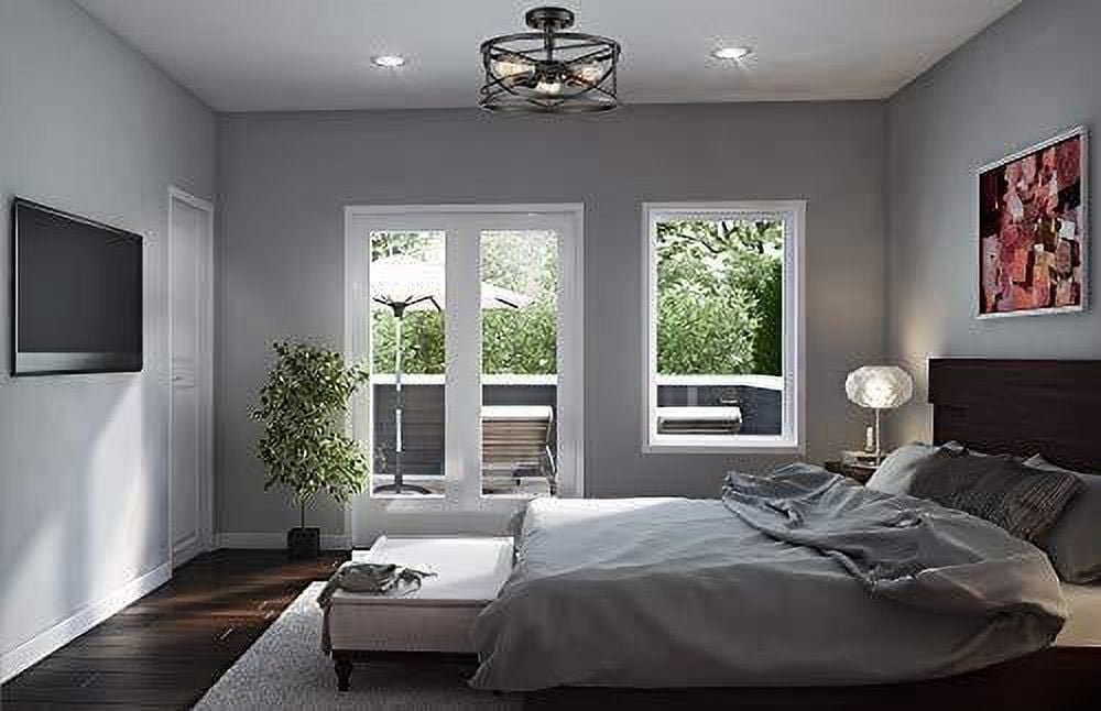 Rustic Farmhouse Black Flush Mount Ceiling Light Drum Fixture for Hallway