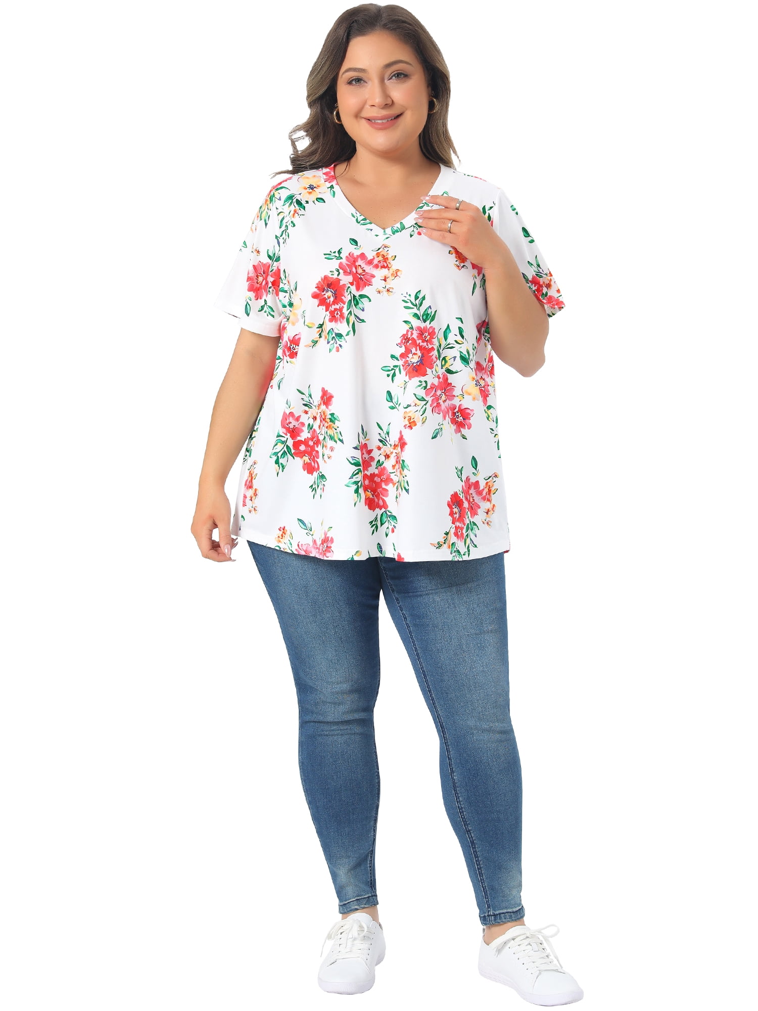 DARING DIVA Women's Plus Floral V Neck Blouse Tee Loose Tunics 3X White