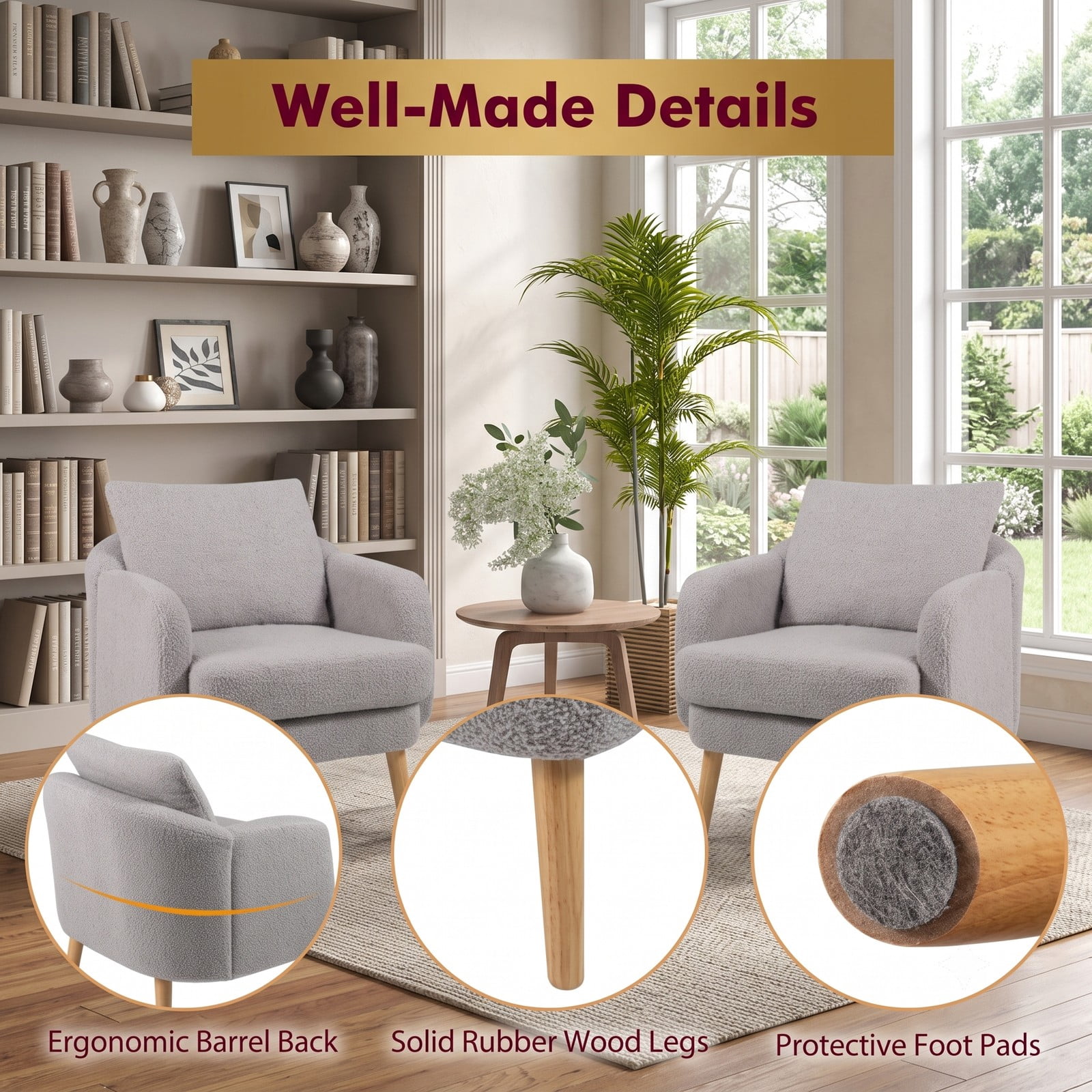Furnibear Sherpa Accent Chair, Modern Upholstered Living Room Armchair with Seat Cushion and Lumbar Pillow, Solid Rubber Wood Legs, Cozy Single Sofa Chair for, Grey