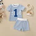 thumbnail image 2 of TTUHYWXI Toddler Baby Boy 1st Birthday Outfit Embroidery Waffle Knit Short Sleeve T-Shirt Shorts Set Cake Smash Outfit (Blue, 12-18 Months), 2 of 6