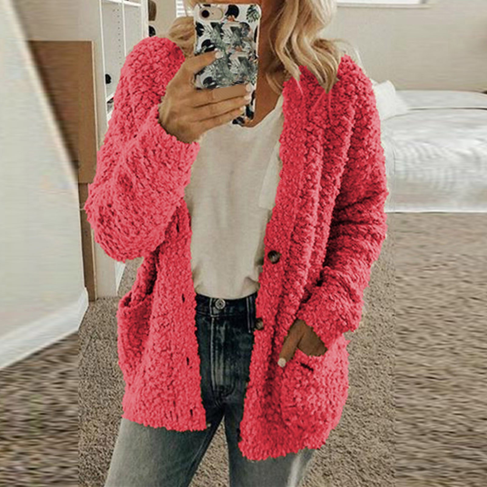 HAPIMO Savings Fuzzy Sweaters for Women Long Sleeve Open Front Solid Color  Casual Plush Button Outwear with Pocket Womens Fall Fashion Clothes Pink  XXXXXL