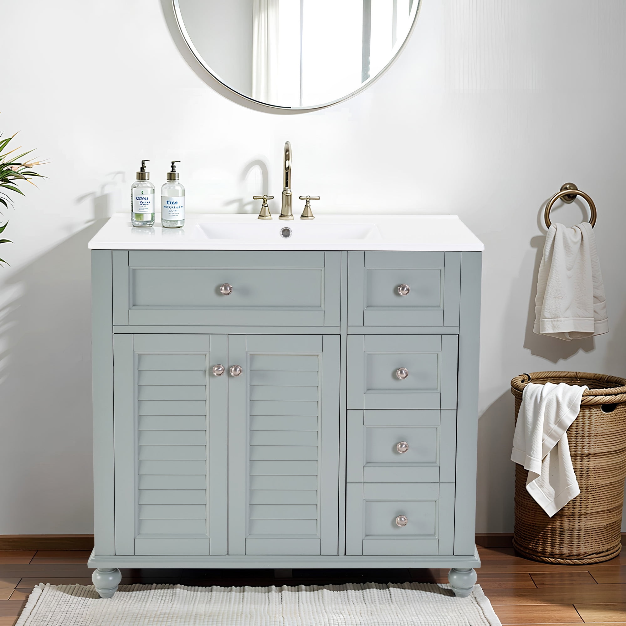36" Bathroom Vanity with Ceramic Undermount Sink, Modern Simple Vanity Cabinet with Drawers & Doors, Solid Wood MDF Frame Bathroom Storage Cabinet with Combo Sink and Countertop, Blue Grey