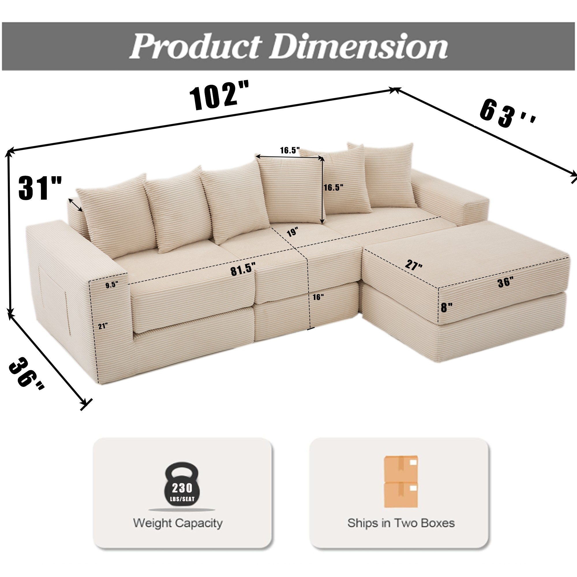 Leumius Convertible Sectional Sofa,Corner Couch,Convertible Floor Sleeper Sofa,10-in-1 Corduroy Modular Sofa,Free Combination Sofa,No Assembly,6 Pillows,Beige