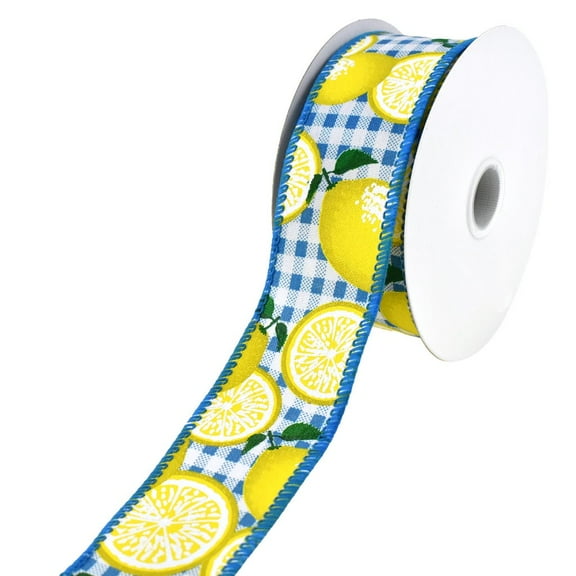Gingham Printed Lemons Wired Ribbon, 1-1/2-inch, 10-yard, Light Blue