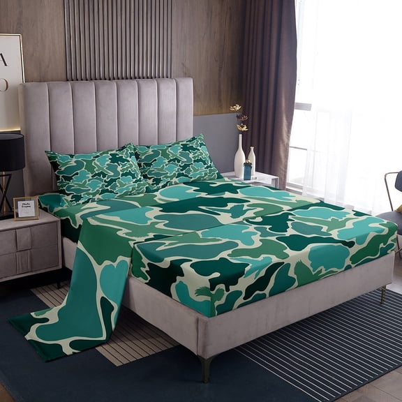 Erosebridal Teal Green Camouflage Sheet Set Twin , Aesthetic Abstract Artwork Bedding Sets Twin Size, Camo Bedroom Decor 3-Piece
