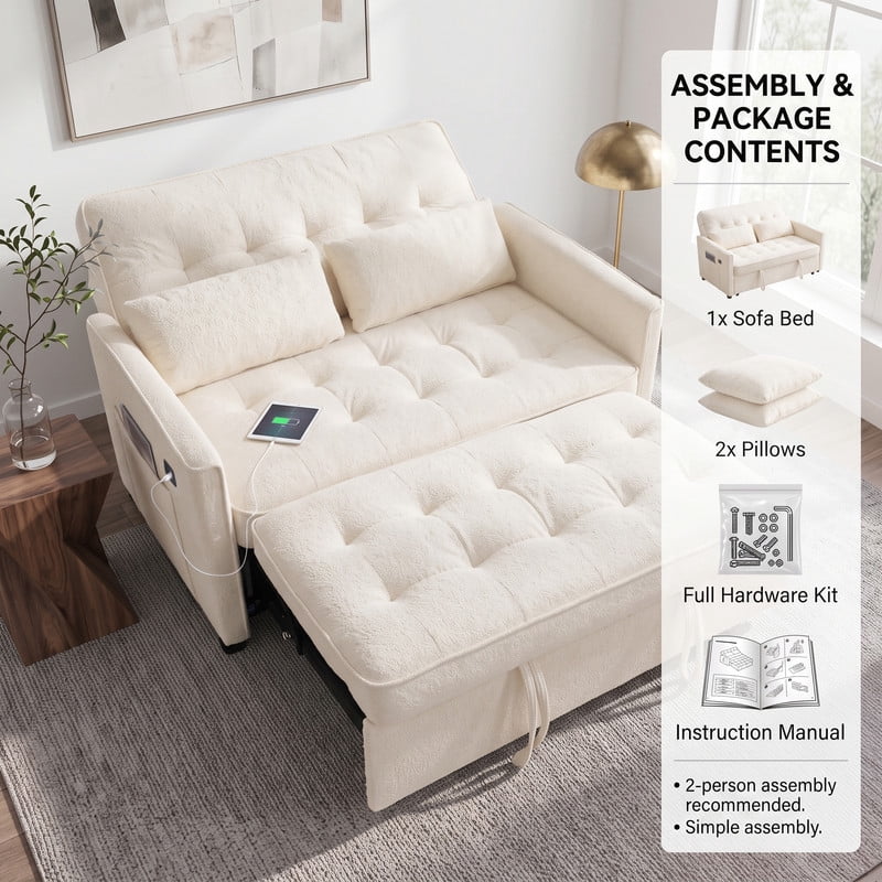 Anpport 54" 3‑in‑1 Convertible Sofa Bed, Towel Fabric, 3‑Position Adjustable Backrest with USB Charging Ports, for Living Room, Apartment, Beige