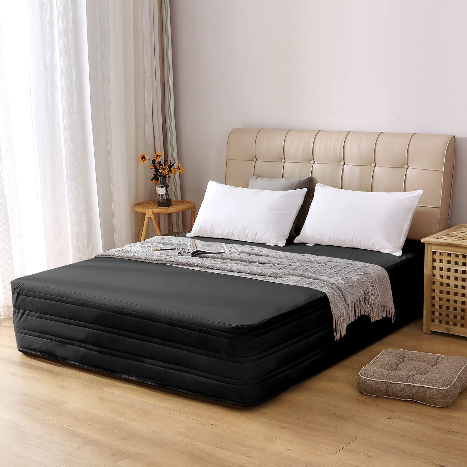 Cotton Blended Quilted Black King Bed Skirt, Ruffle 14" Drop