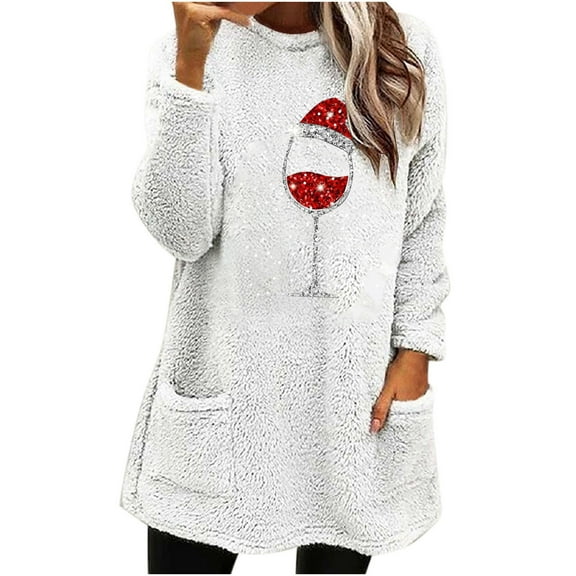 Plush Fleece Long Sleeve Tunic Tops for Women wear with Leggings Pockets Crew Neck Relaxed-Fit Christmas Sweaters (X-Large, White 01)