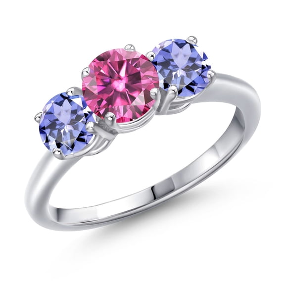 Gem Stone King 925 Sterling Silver Pink Moissanite and Blue Tanzanite Engagement Ring for Women | 1.72 Cttw | Round 6MM | Gemstone Birthstone | Size 6