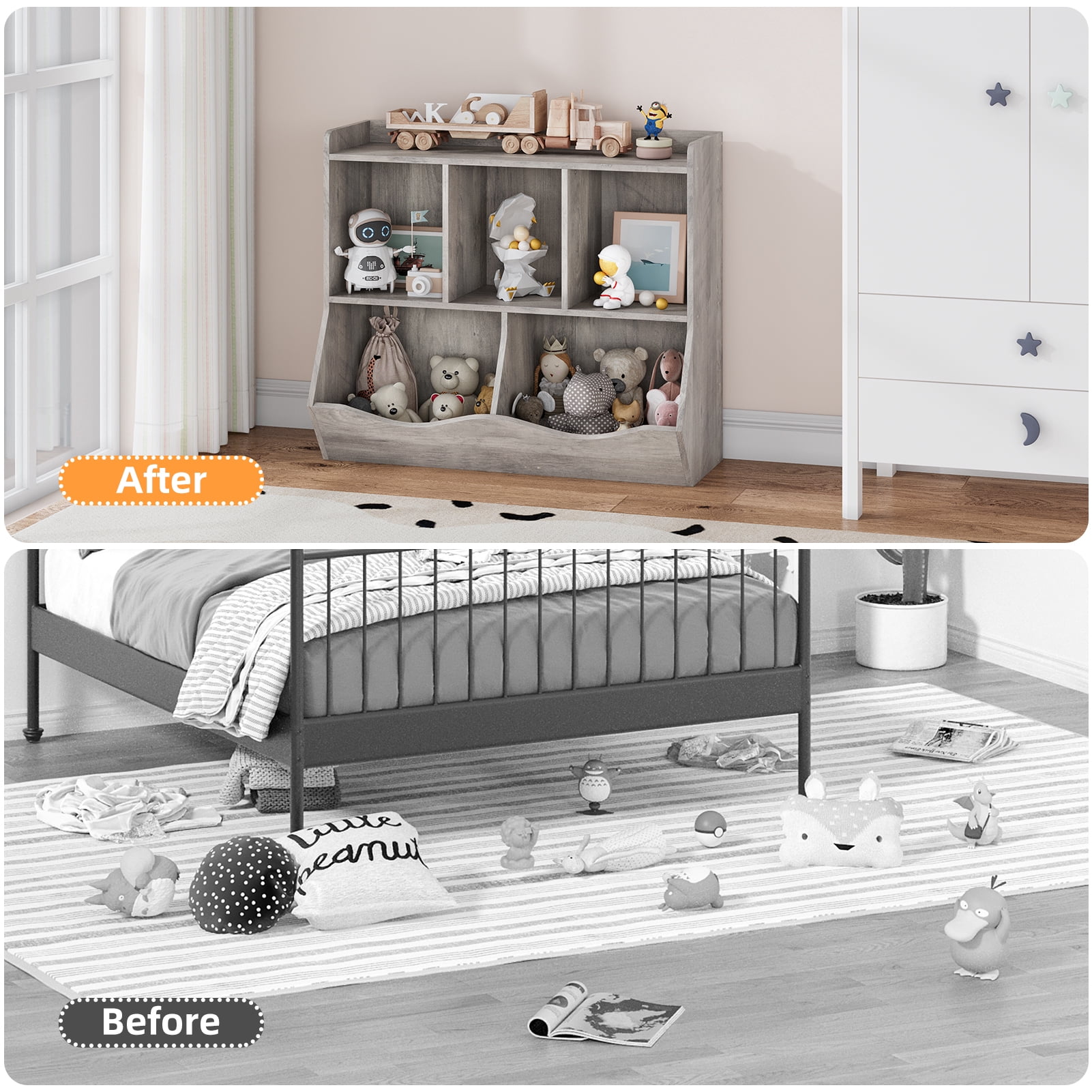 Kids Toy Storage with Bookshelves, Multifunctional Toy Storage Organizer, Toys Box with 5 Storage Compartments, Kids Bookcases Cabinets for Playroom, Bedroom, Nursery, Preschool