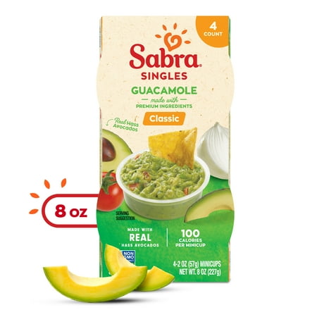 Sabra Singles Classic Fresh Guacamole Dip, Non-GMO, Gluten Free, Chunky Homestyle On-the-Go Guac, 2 oz Cup (4 Count)