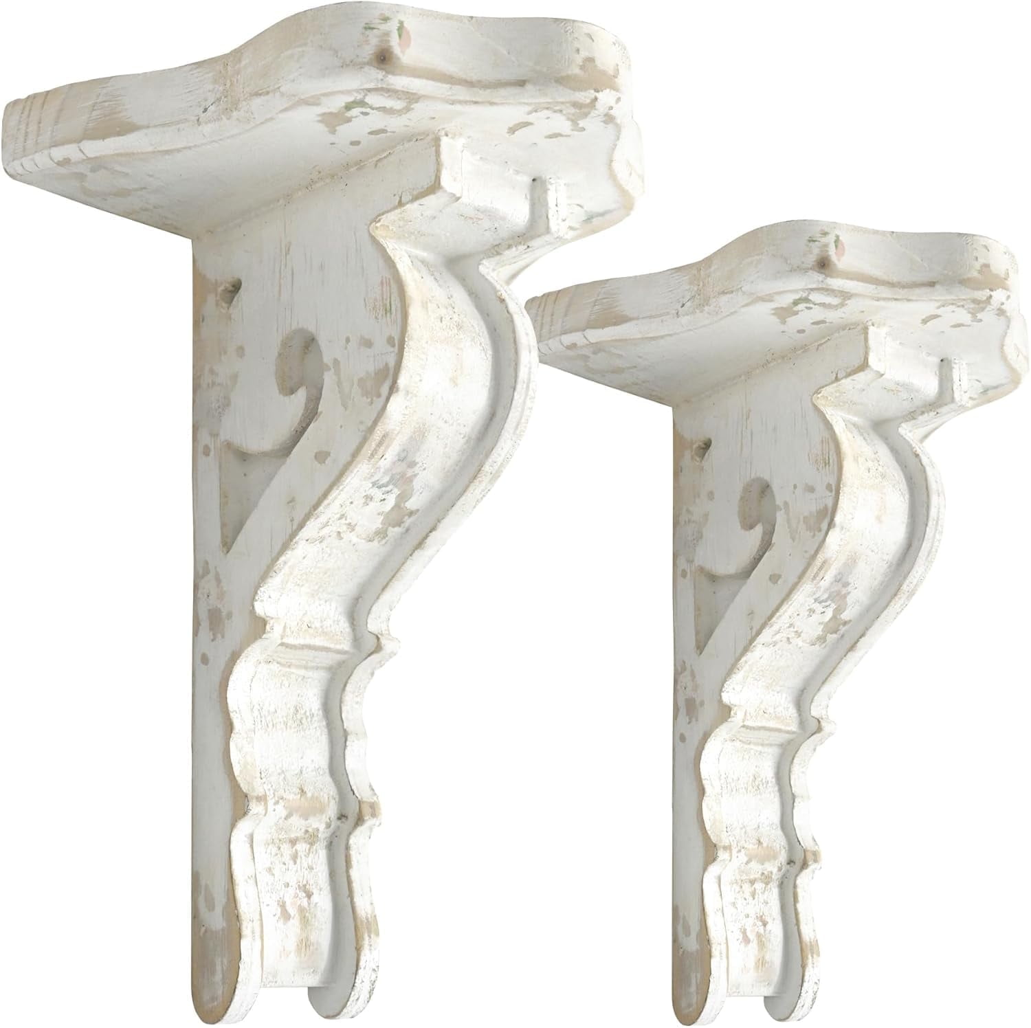 Wood Corbels Sets of 2 Wooden Shelf Brackets Corbels for Shelf Shabby White Wood Corbel Brackets Vintage Style, 6.5" x 4.9" x 8.7"