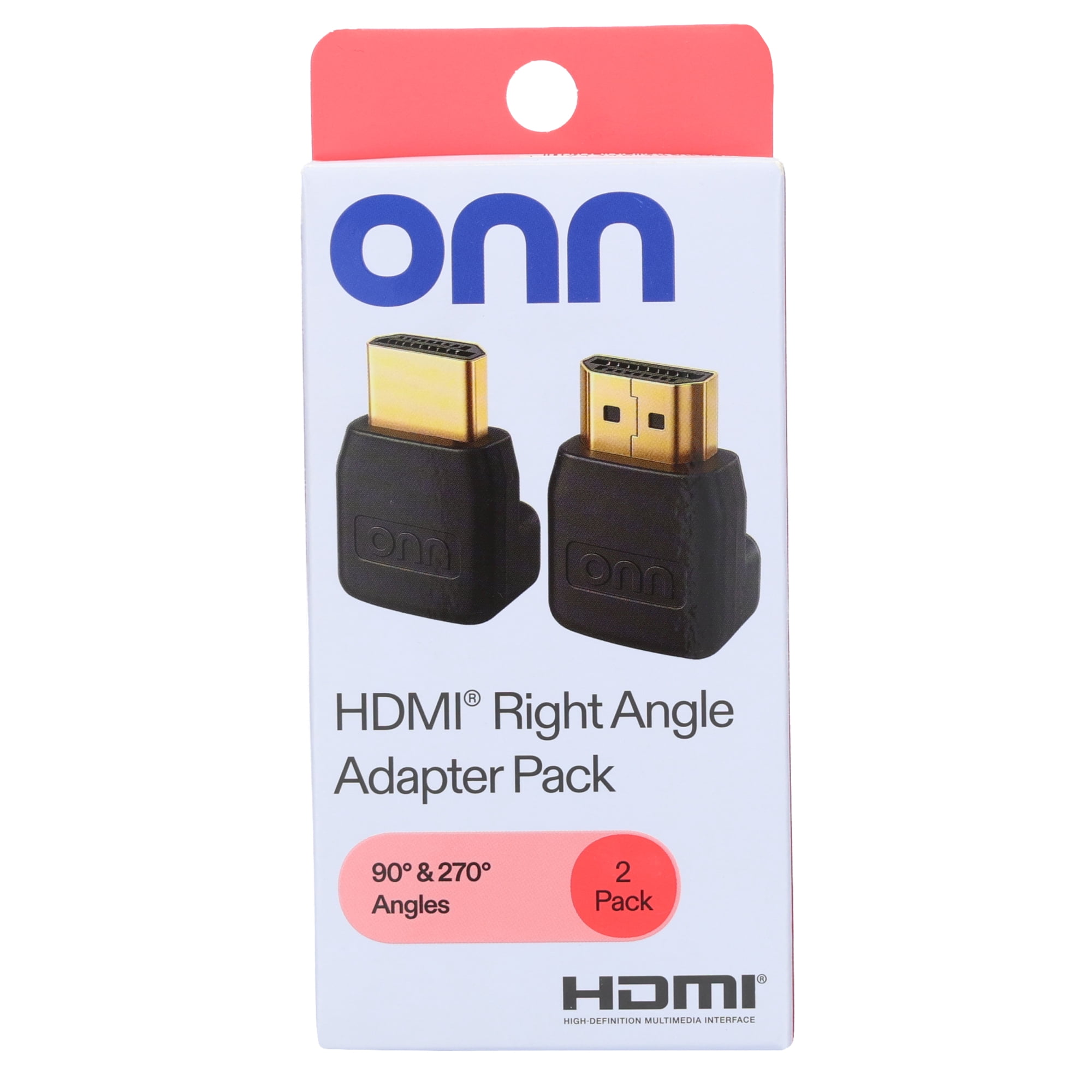 onn. HDMI Right Angle Adapter, 90° & 270° Male-to-Female HDMI Connectors, 4K -  60Hz, 18 Gbps, 2 Pack, Gold-Plated