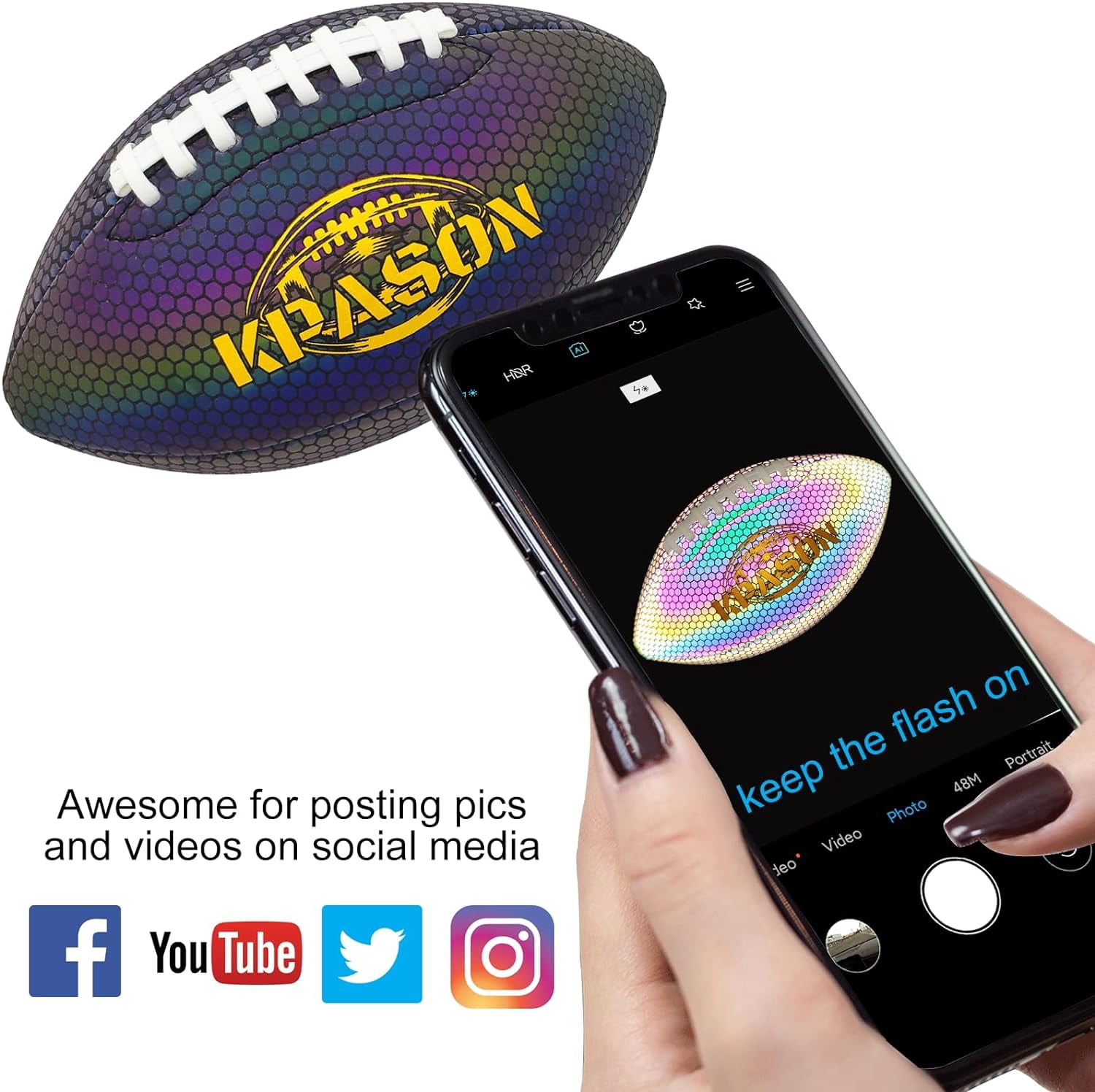 Football, Holographic Reflective Glowing Footballs with Pump for Kids, Teens and Adults - Synthetic Leather Outdoor All-Weather Footballs