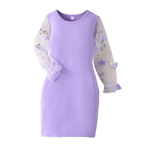 EYIIYE Robe Midi Décontractée pour Filles Enfants 4-7 Ans Tout-Petit Bébé en Maille Fleur Robe à Manches Longues Col Ras du Cou Robe Patchwork Robe Ample Robe Princesse Robe de Printemps Automne