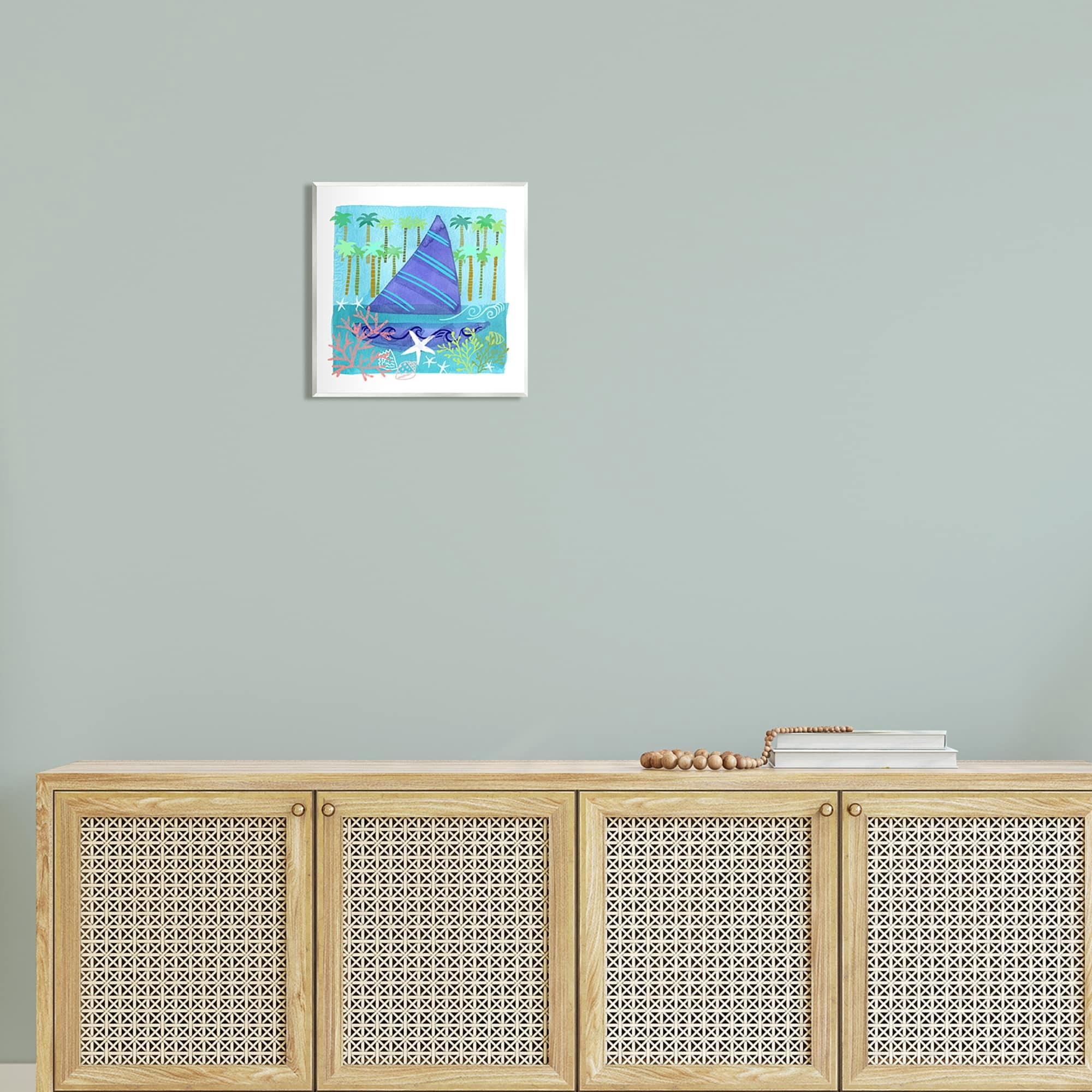Stupell Industries Funky Sailboat Coastal Layered Palm Trees Seashells Graphic Art Unframed Art Print Wall Art, Design by unknown