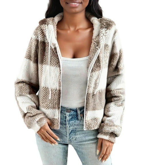 Women's Plaid Sherpa Shacket Full Zip Hooded Teddy Fleece Lined Winter Warm Snow Ready Outerwear with Pockets