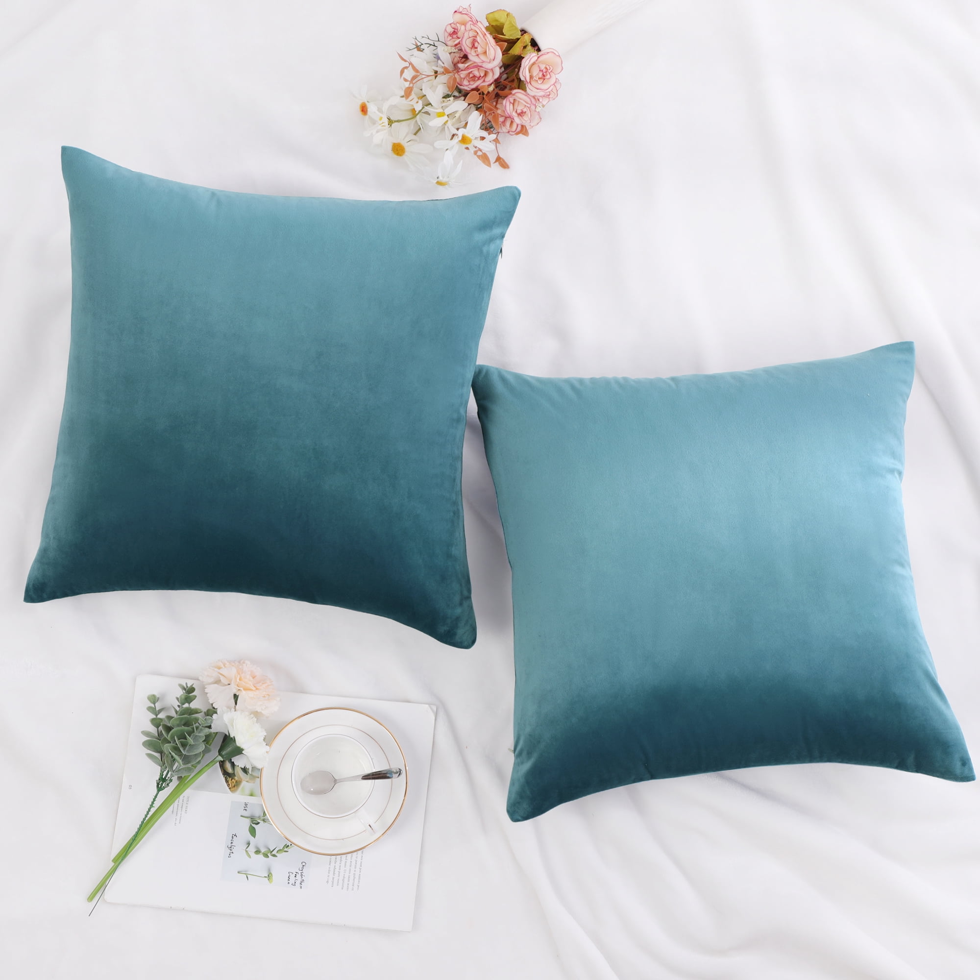 Unique Bargains Luxury Euro Velvet Square Decorative Throw Pillow Cover, 18" x 18" Teal Blue